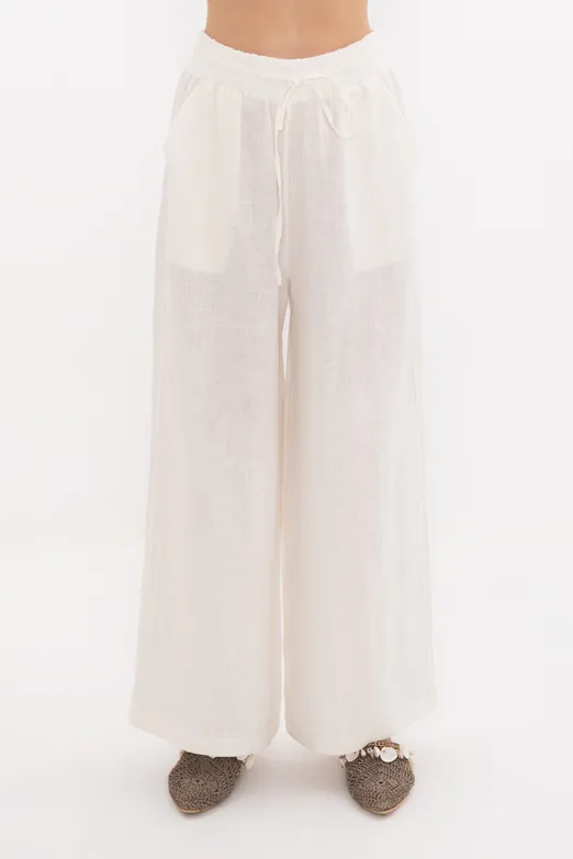 Bayan Ekru %100 Keten Düz Kesim Bol Pantolon - BSL