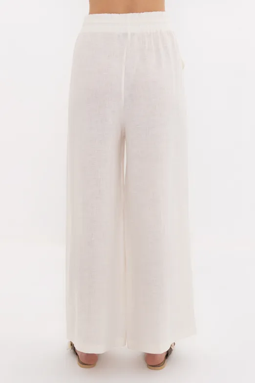 Bayan Ekru %100 Keten Düz Kesim Bol Pantolon - BSL