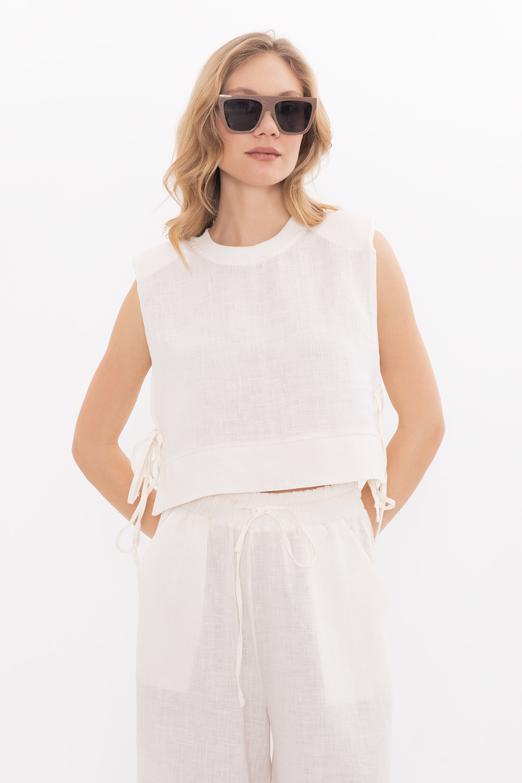 Bayan  Yandan Bağcıklı Crop Keten Bluz