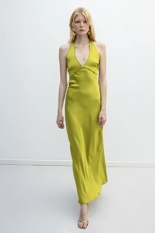 Bayan Yeşil Halter Yaka Saten Maksi Elbise - BSL