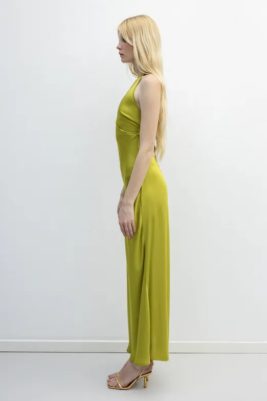 Bayan Yeşil Halter Yaka Saten Maksi Elbise - BSL