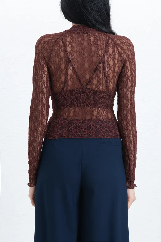 Bayan Bordo Dik Yakalı Dantel Top - BSL