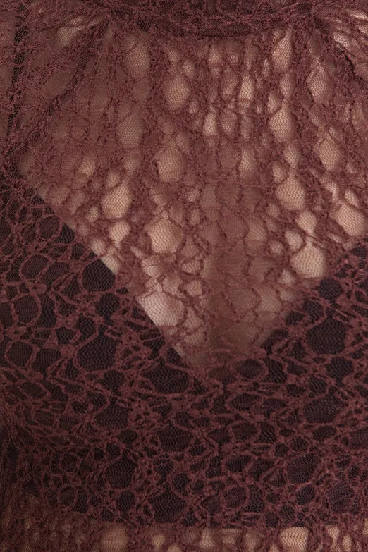 Bayan Bordo Dik Yakalı Dantel Top - BSL