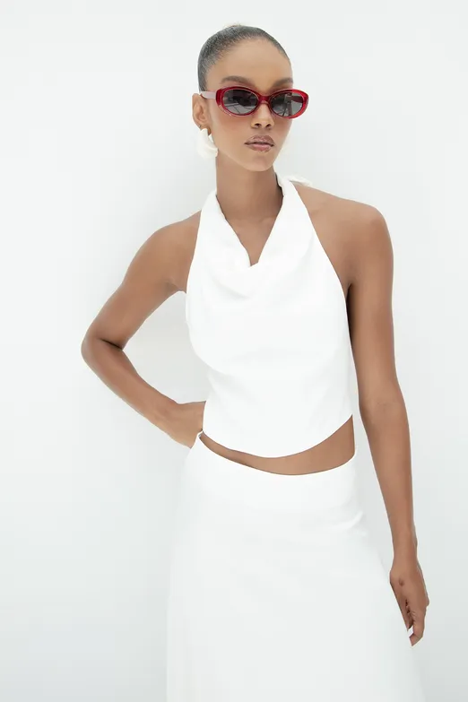 Bayan Beyaz Degaje Yakalı Saten Bluz - BSL