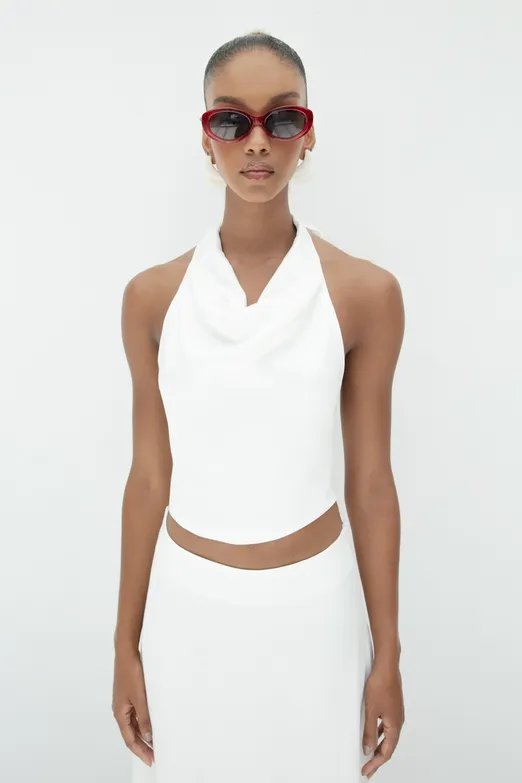 Bayan Beyaz Degaje Yakalı Saten Bluz - BSL