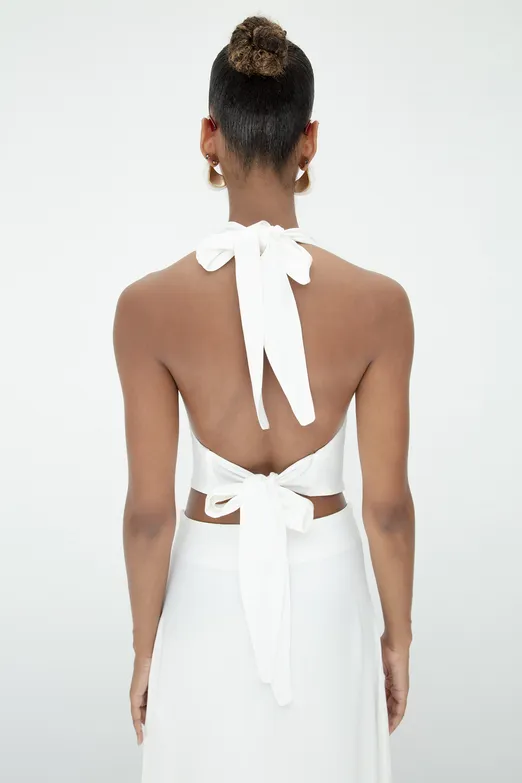 Bayan Beyaz Degaje Yakalı Saten Bluz - BSL