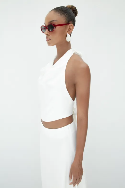 Bayan Beyaz Degaje Yakalı Saten Bluz - BSL