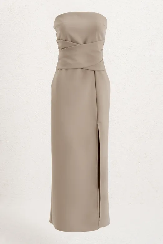 Bayan Bej STRAPLEZ MİDİ ELBİSE - BSL