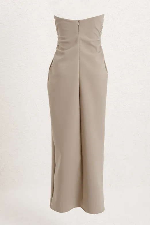 Bayan Bej STRAPLEZ MİDİ ELBİSE - BSL