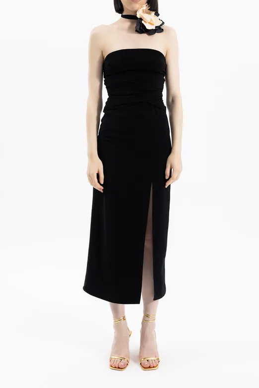 Bayan Siyah STRAPLEZ MİDİ ELBİSE - BSL