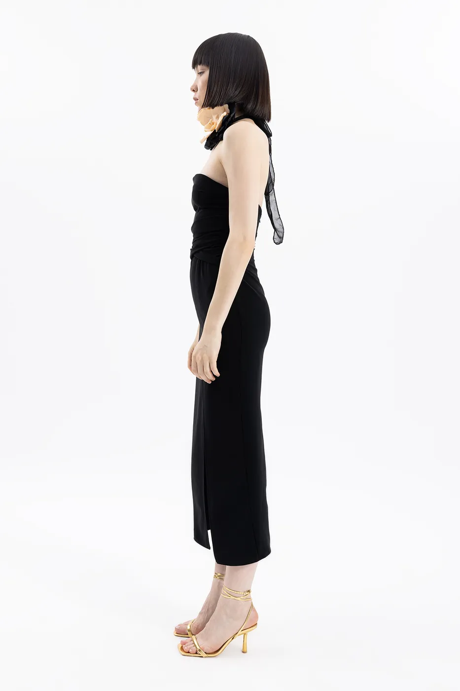 Bayan Siyah Straplez Midi Elbise