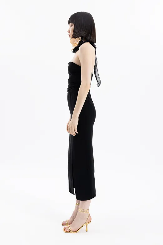 Bayan Siyah STRAPLEZ MİDİ ELBİSE - BSL