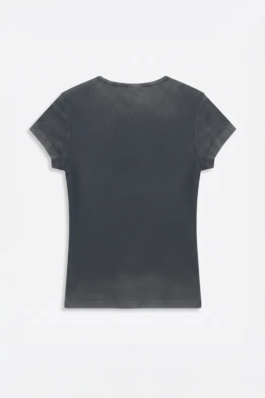Bayan Gri Baskılı Fitilli Basic Top - BSL