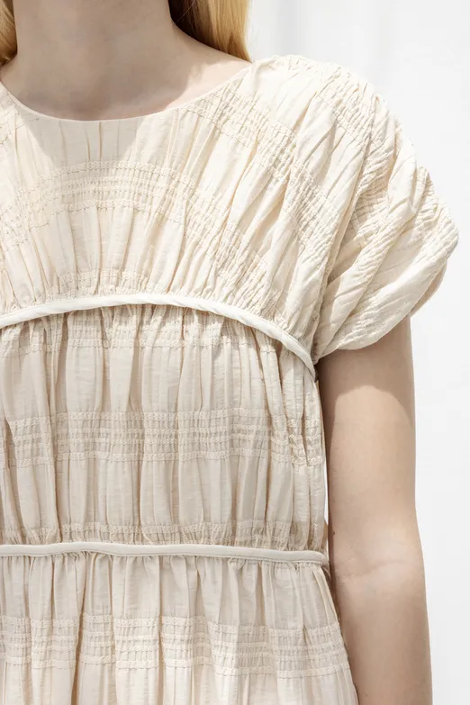 Bayan Bej Uzun Büzgülü Elbise - BSL