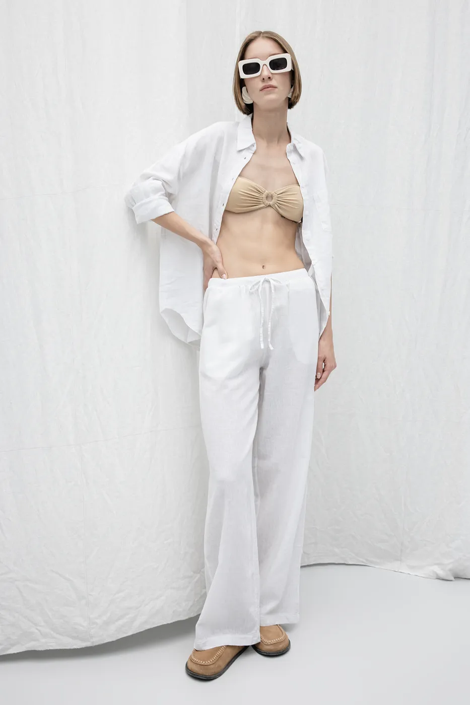 Bayan Beyaz Keten Karışım Bol Pantolon