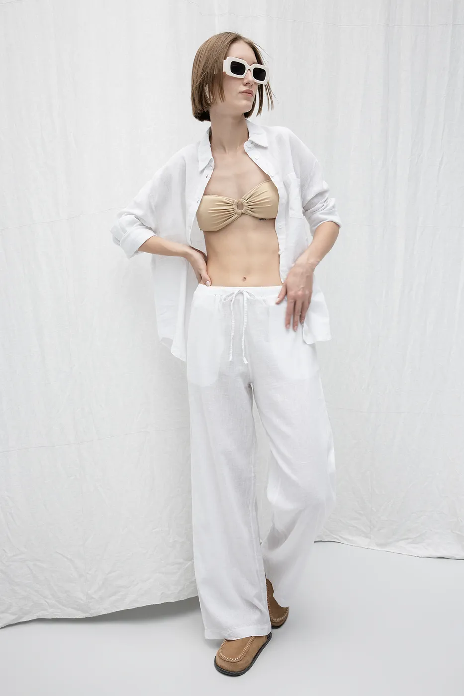 Bayan Beyaz Keten Karışım Bol Pantolon