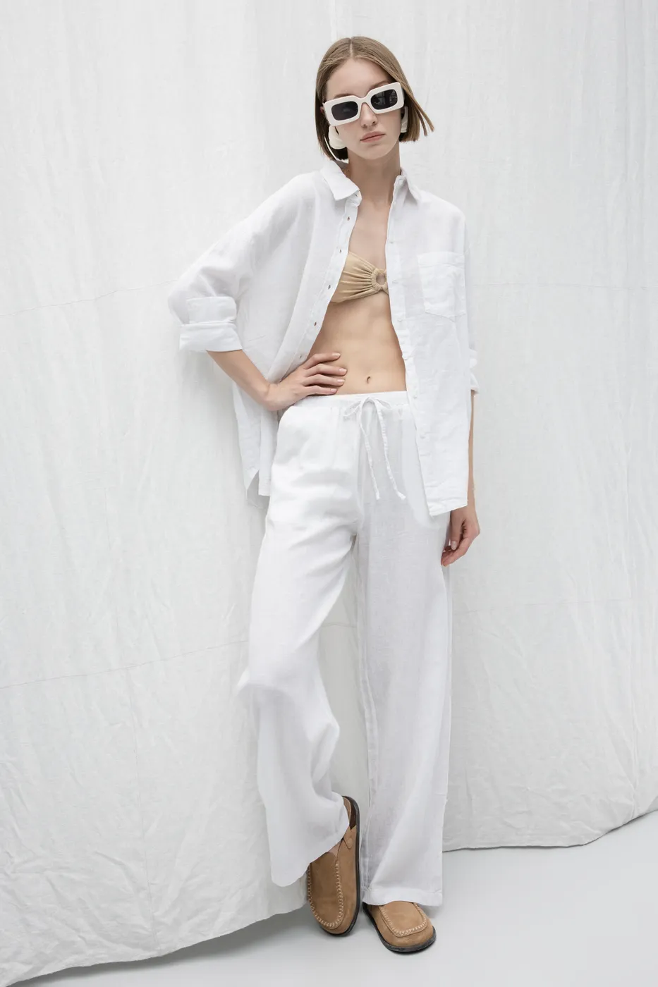 Bayan Beyaz Keten Karışım Bol Pantolon