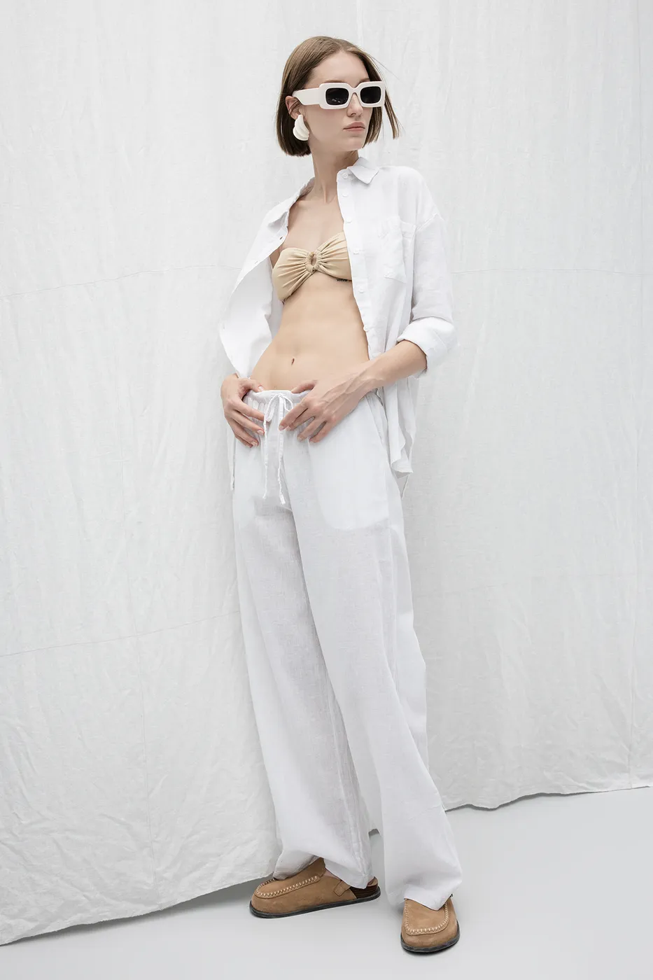 Bayan Beyaz Keten Karışım Bol Pantolon