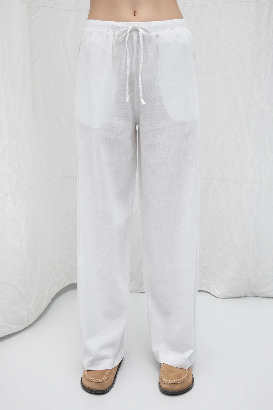 Bayan Beyaz Keten Karışım Bol Pantolon