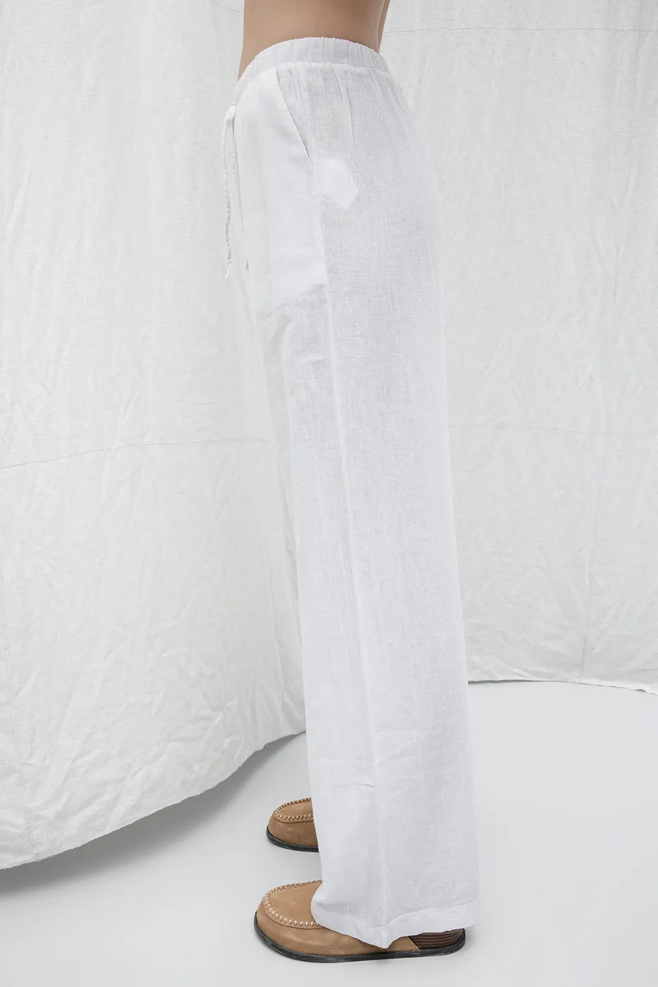 Bayan Beyaz Keten Karışım Bol Pantolon