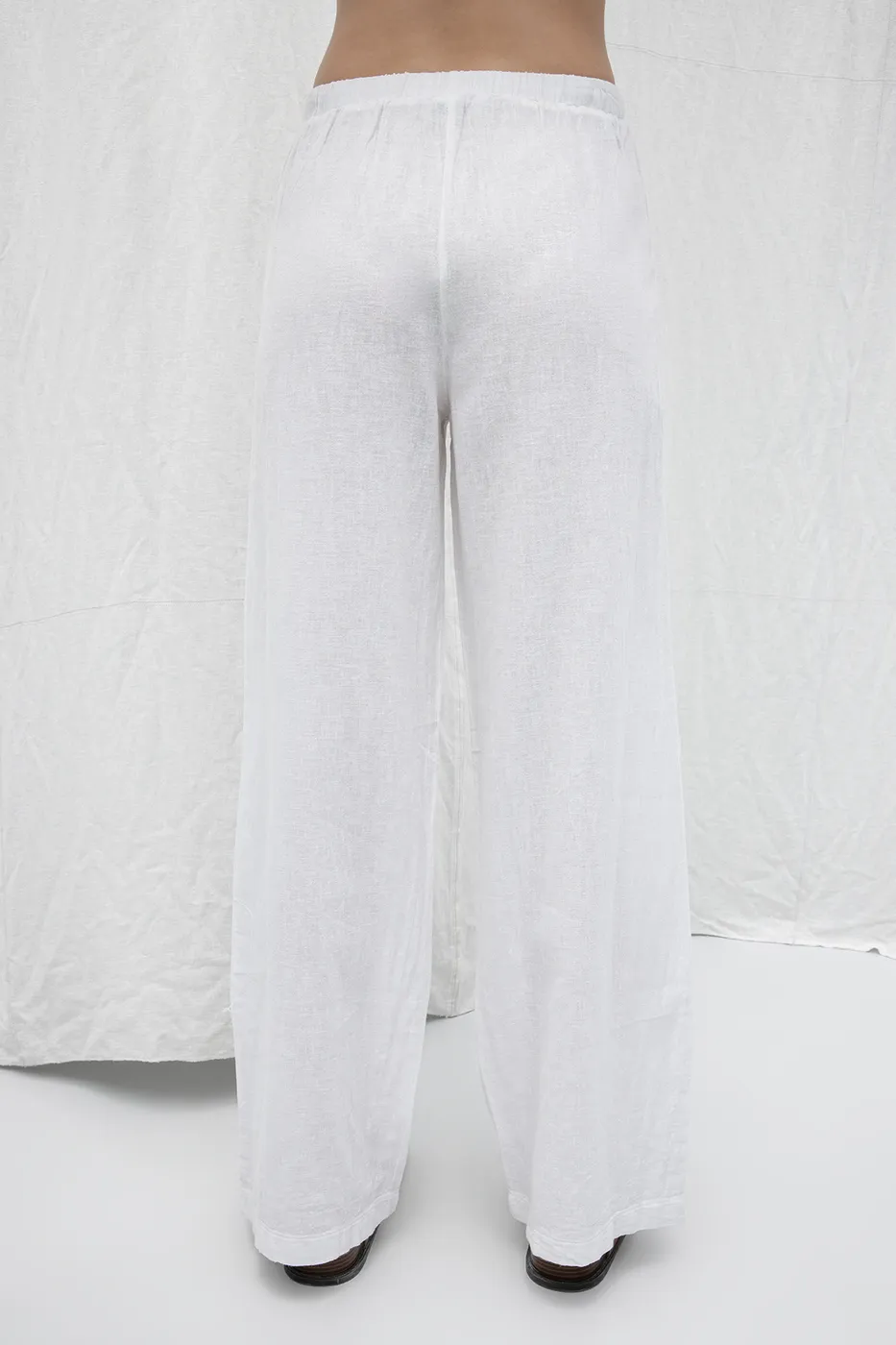 Bayan Beyaz Keten Karışım Bol Pantolon