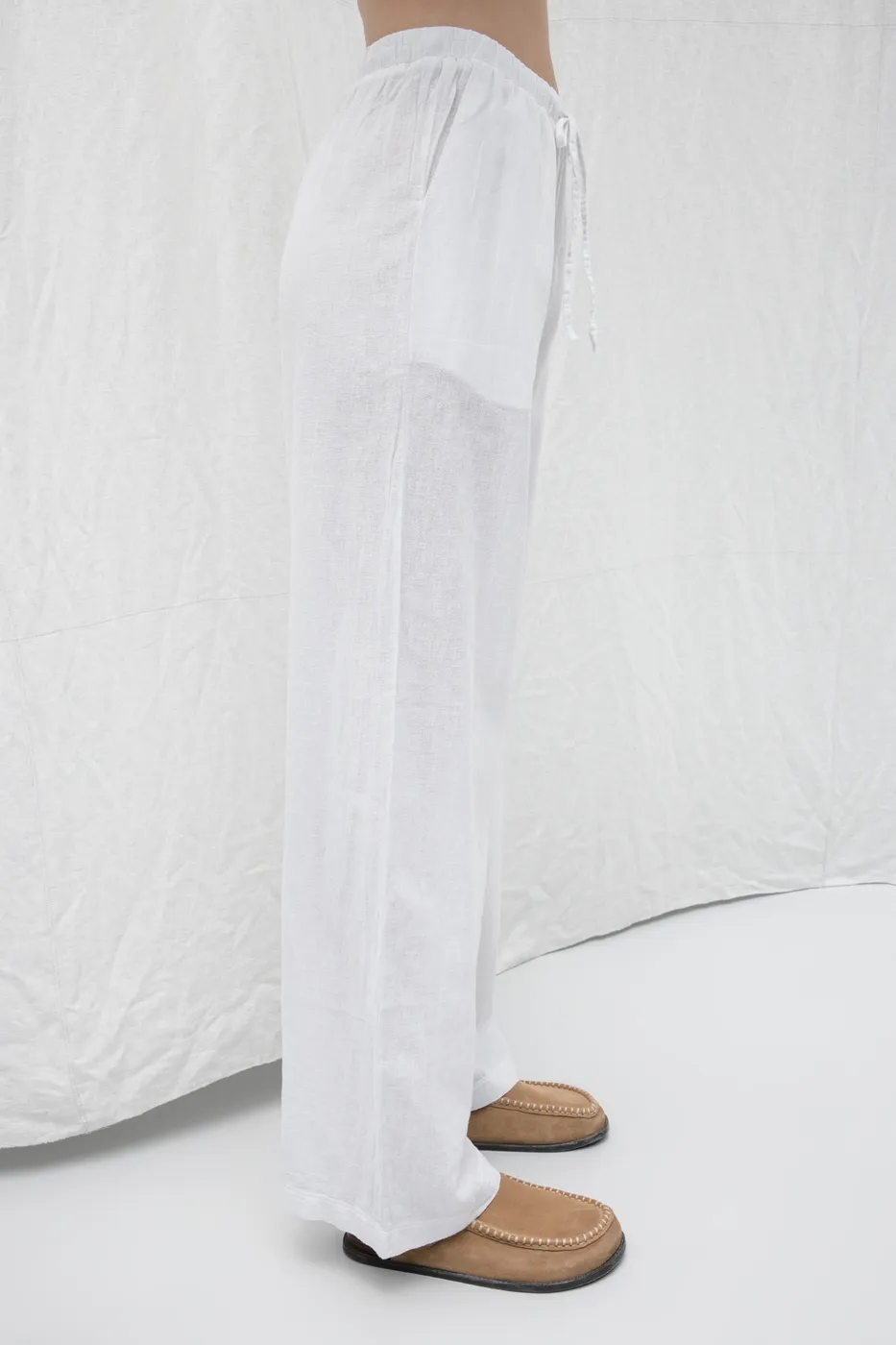 Bayan Beyaz Keten Karışım Bol Pantolon