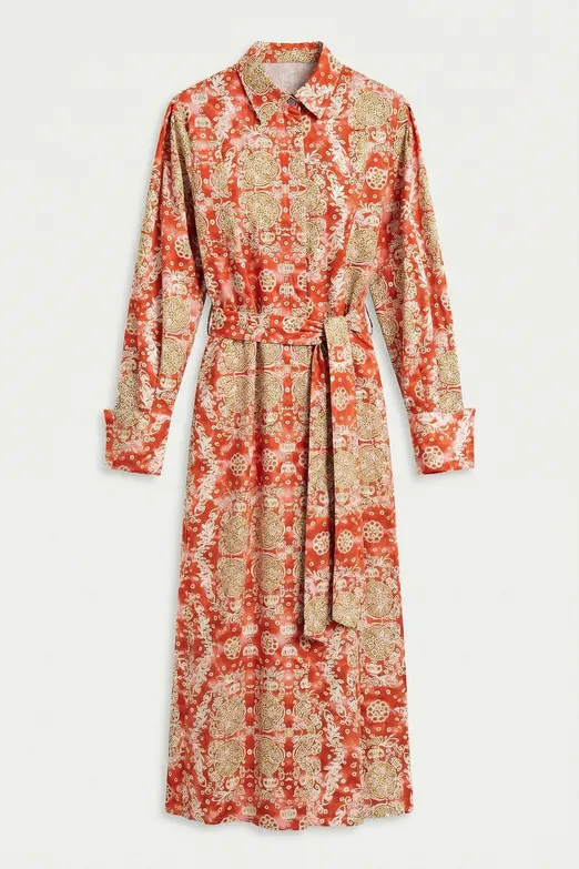 Bayan Kırmızı %100 Cotton Desenlı Gömlek Elbise - BSL