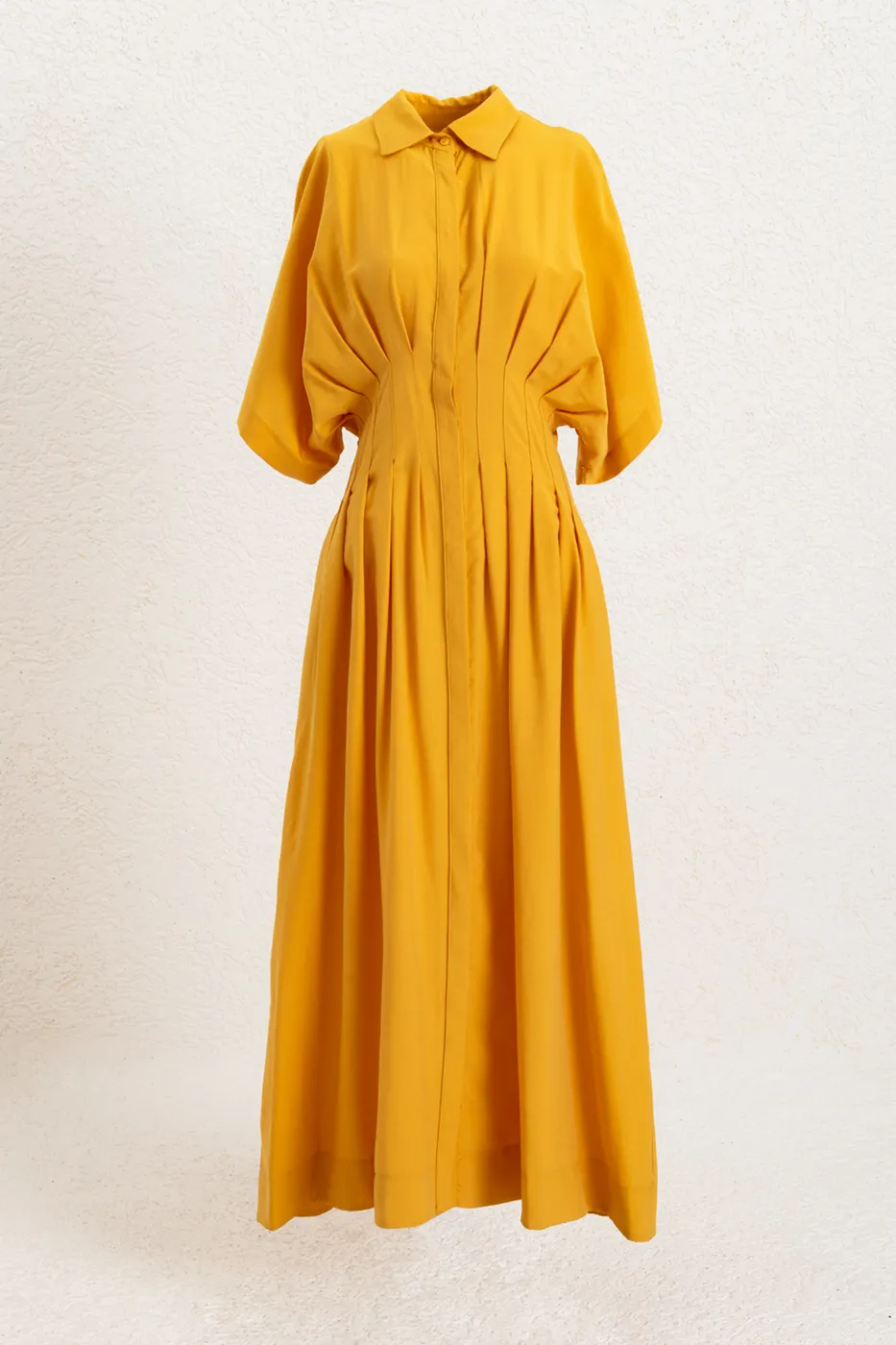 Bayan Sarı Yarasa Kollu Midi Cotton Gömlek Elbise