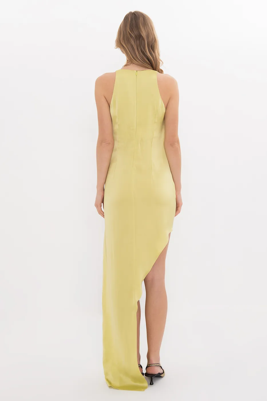 Bayan Yeşil Asimetrik Etek Detaylı Saten Elbise