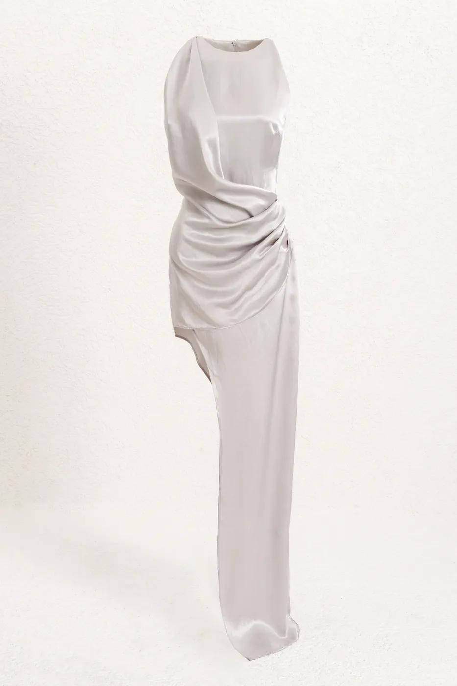 Bayan Gri Asimetrik Etek Detaylı Saten Elbise