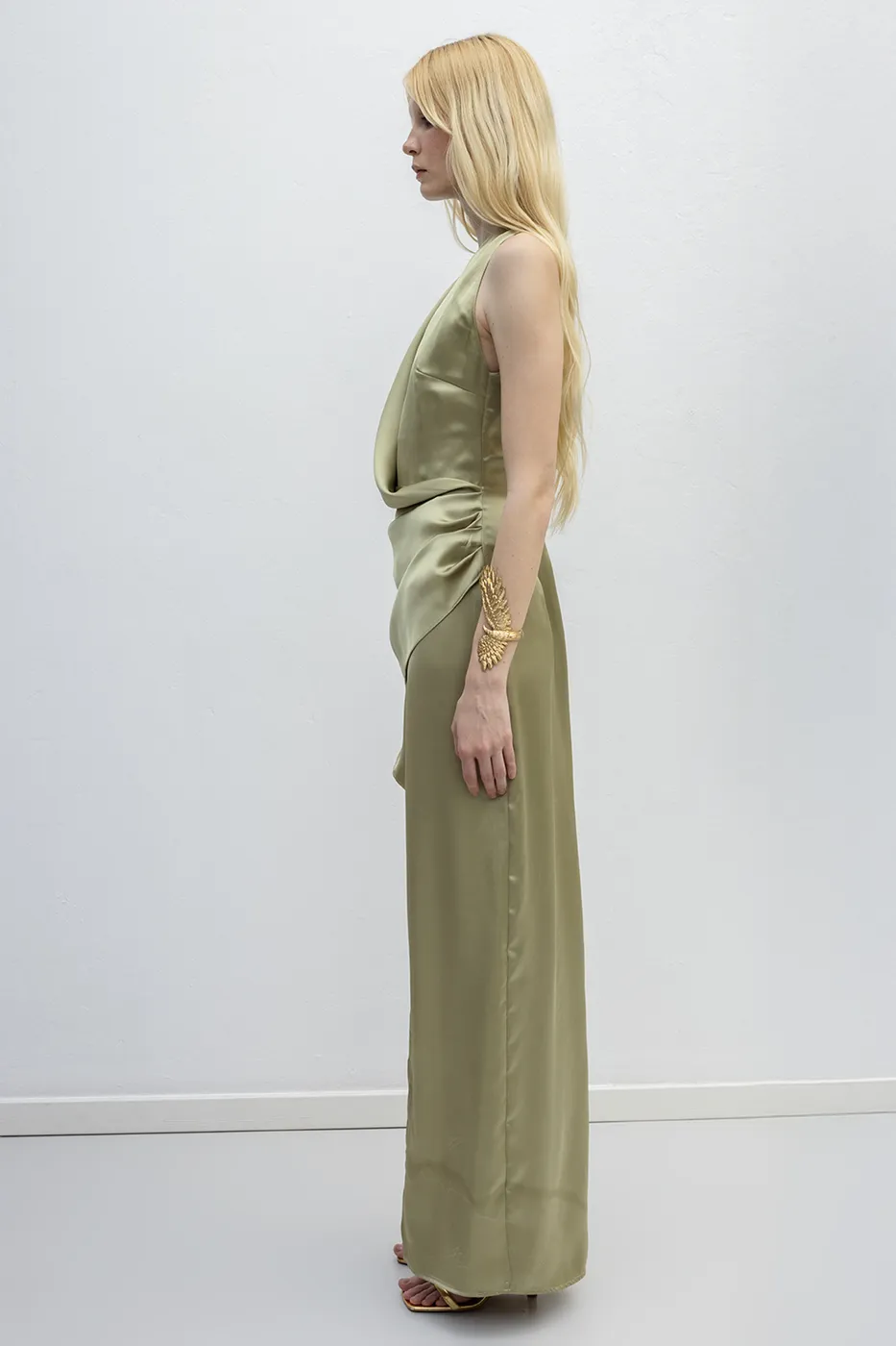 Bayan Yeşil Asimetrik Etek Detaylı Saten Elbise