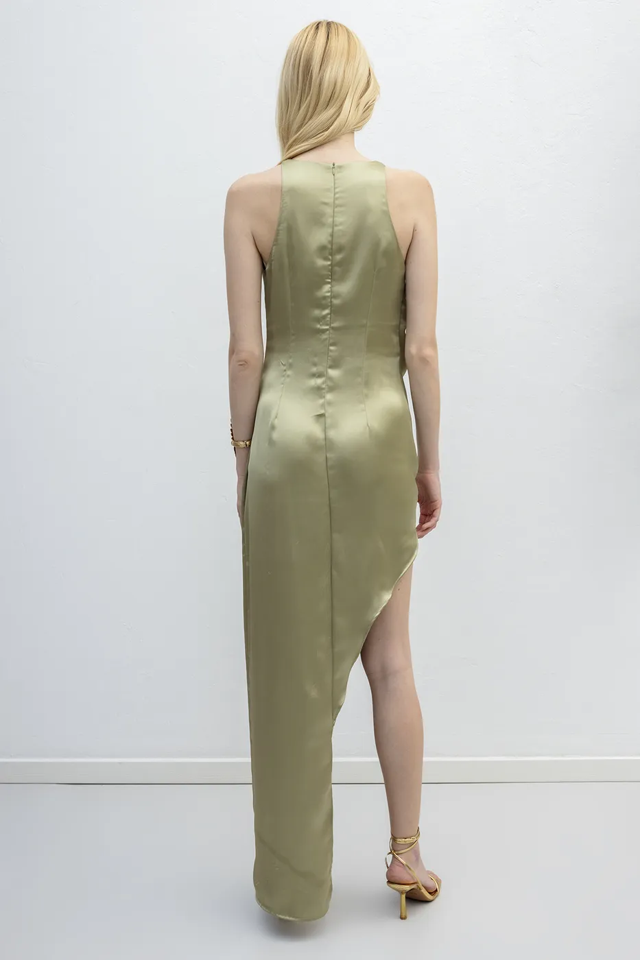 Bayan Yeşil Asimetrik Etek Detaylı Saten Elbise