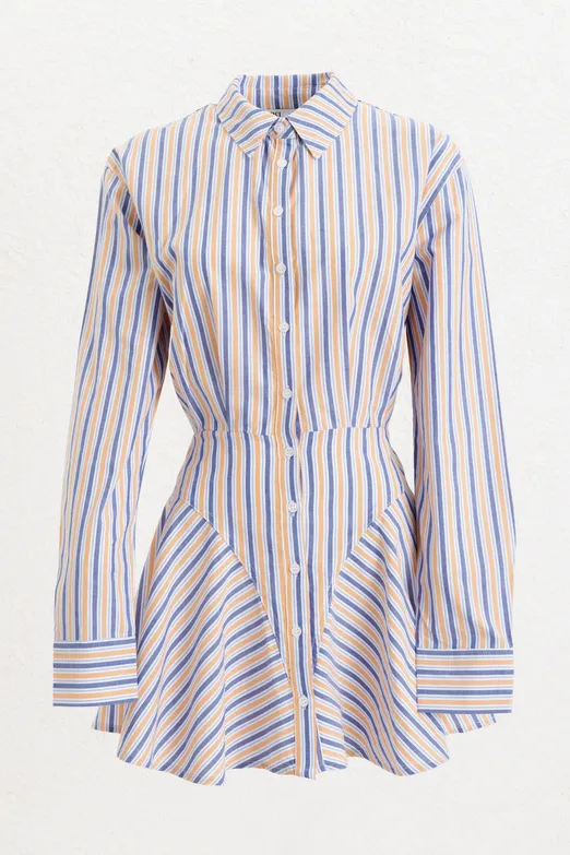 Bayan Mavi %100 Cotton Çizgili  Mini Gömlek Elbise - BSL