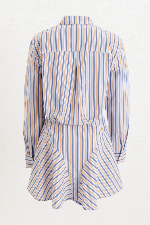 Bayan Mavi %100 Cotton Çizgili  Mini Gömlek Elbise - BSL