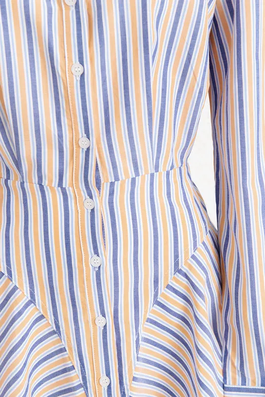 Bayan Mavi %100 Cotton Çizgili  Mini Gömlek Elbise - BSL