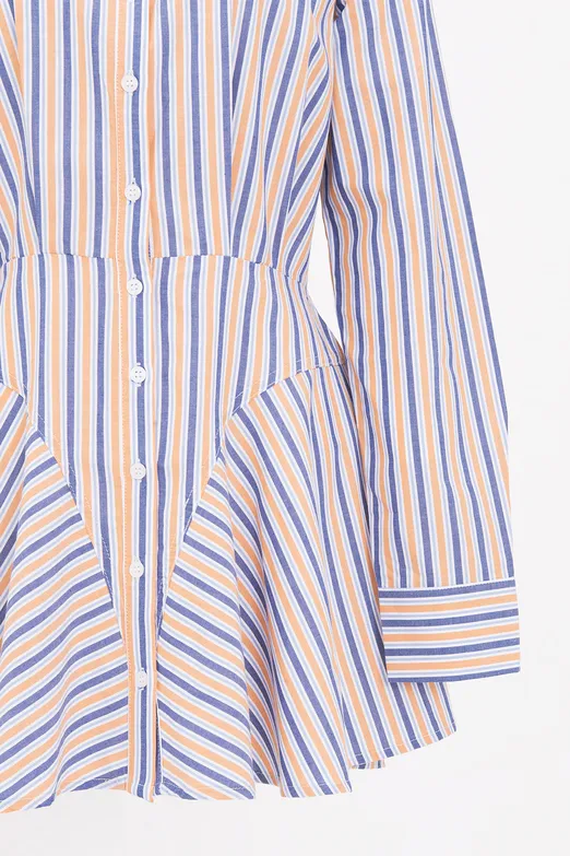 Bayan Mavi %100 Cotton Çizgili  Mini Gömlek Elbise - BSL