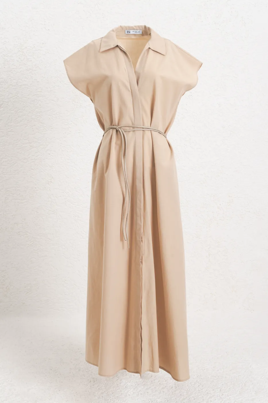 Bayan Bej %100 Cotton Midi Gömlek Elbise