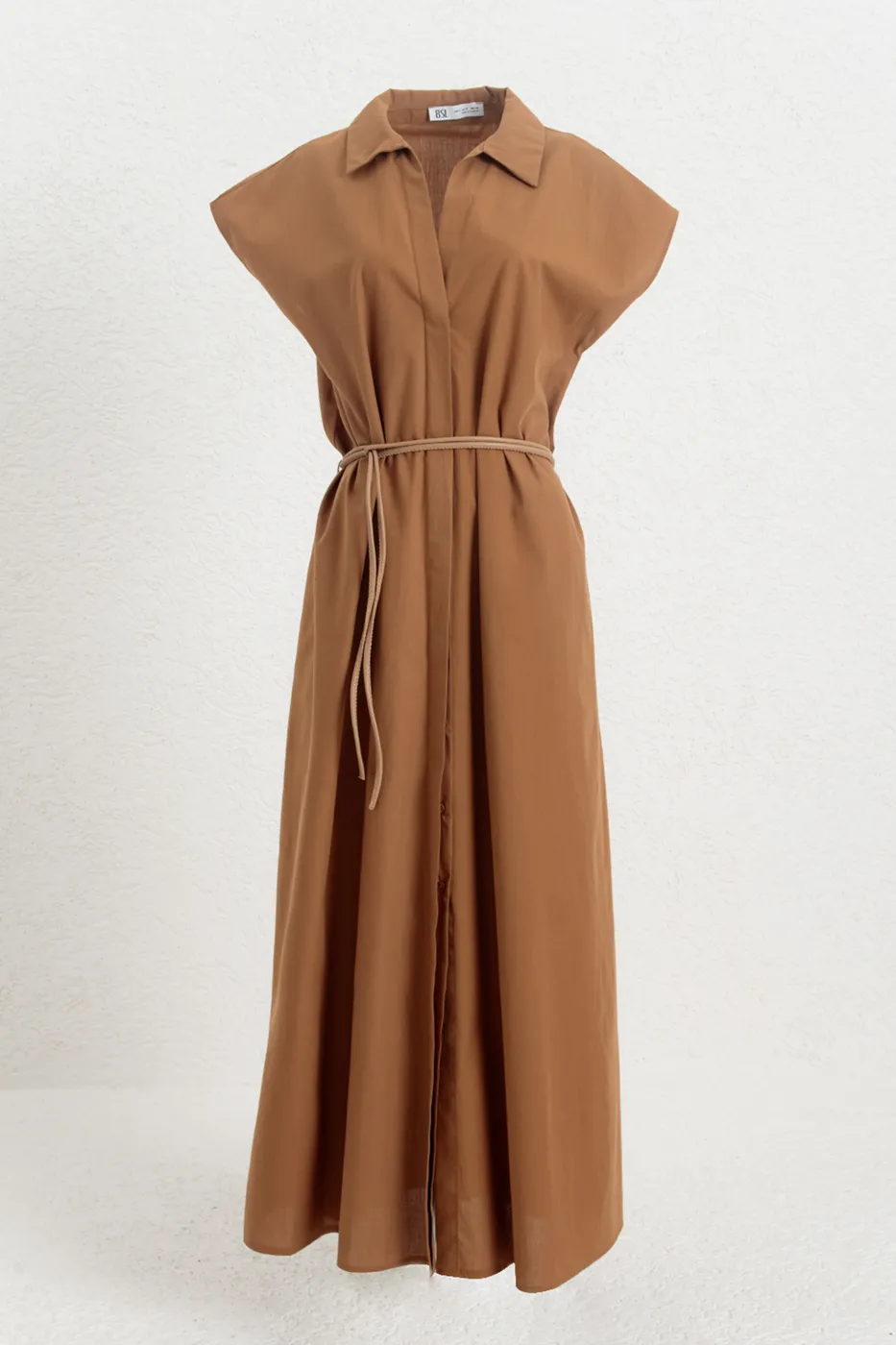 Bayan Camel %100 Cotton Midi Gömlek Elbise