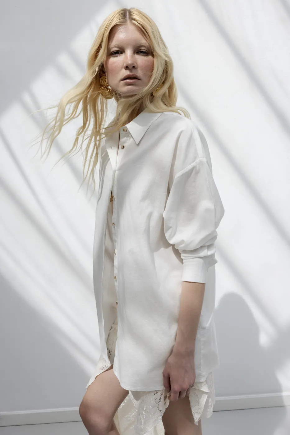 Bayan Beyaz Oversize Keten Gömlek