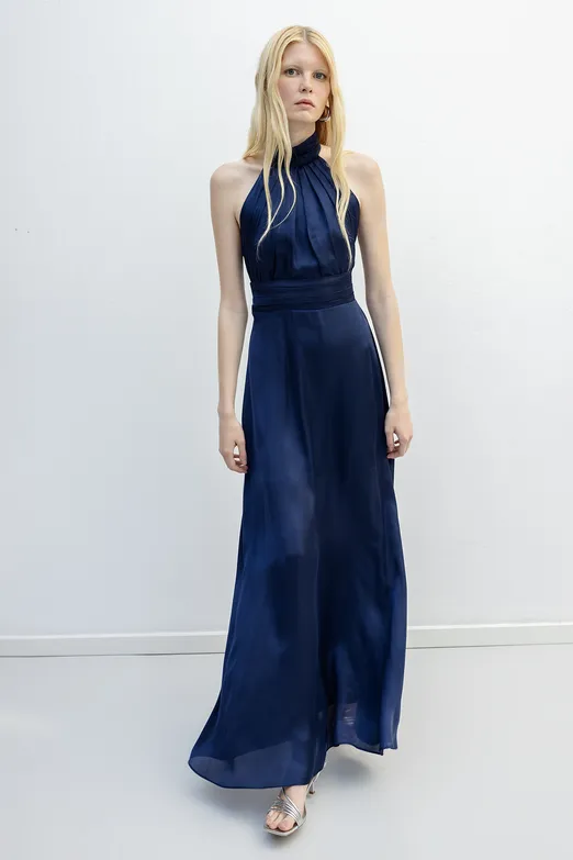 Bayan Lacivert Sırt Dekolteli Saten Maksi Elbise - BSL