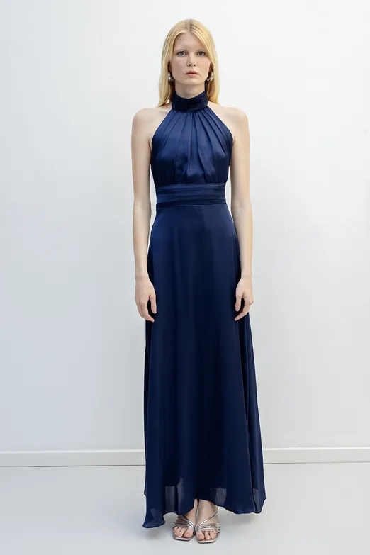 Bayan Lacivert Sırt Dekolteli Saten Maksi Elbise - BSL