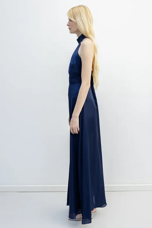 Bayan Lacivert Sırt Dekolteli Saten Maksi Elbise - BSL