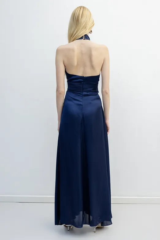 Bayan Lacivert Sırt Dekolteli Saten Maksi Elbise - BSL