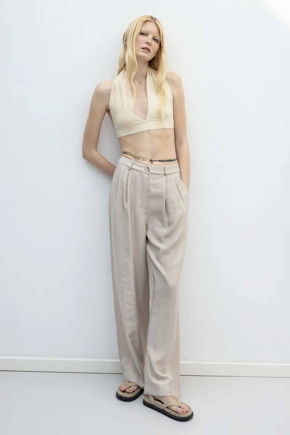 Bayan Bej Saten Bol Pantolon