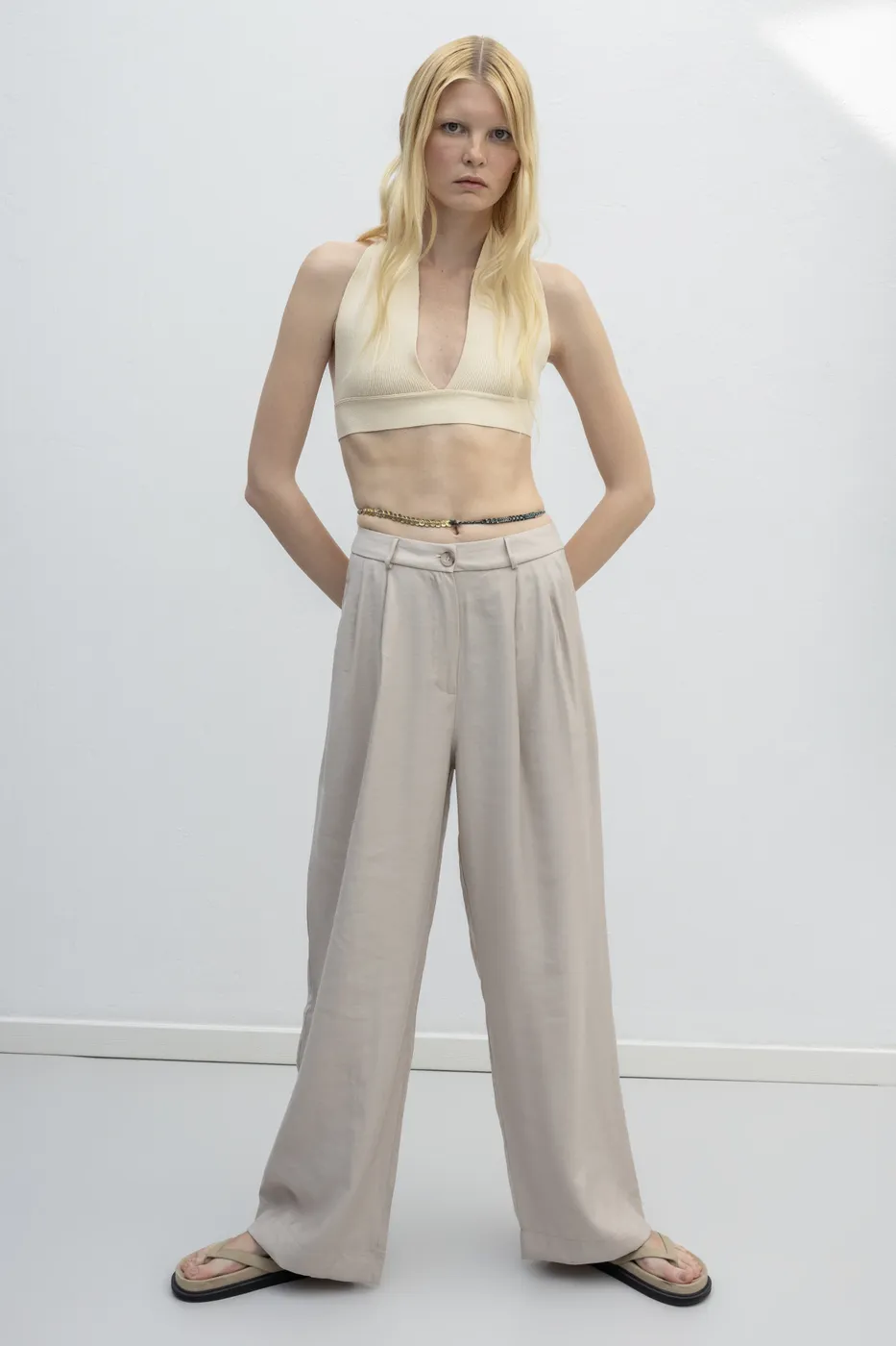 Bayan Bej Saten Bol Pantolon