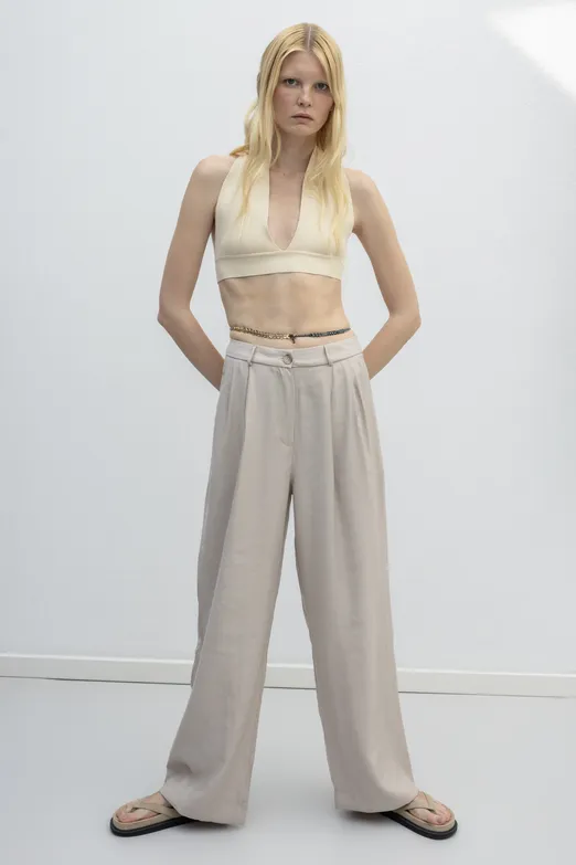 Bayan Bej Saten Bol Pantolon - BSL