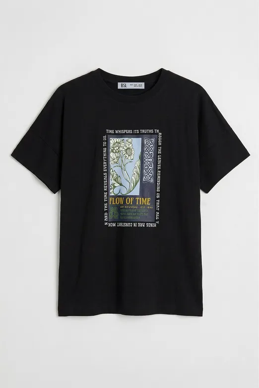 Bayan Siyah Baskılı Basİc Tshırt - BSL