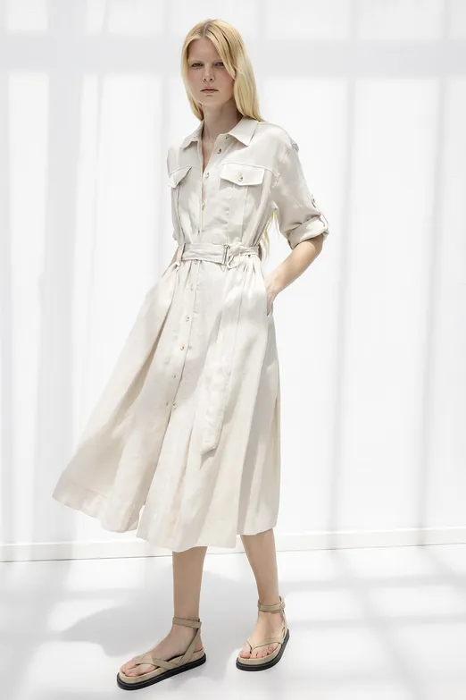 Bayan Taş % 100 Keten Midi Gömlek Elbise - BSL