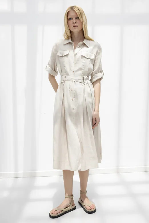 Bayan Taş % 100 Keten Midi Gömlek Elbise - BSL