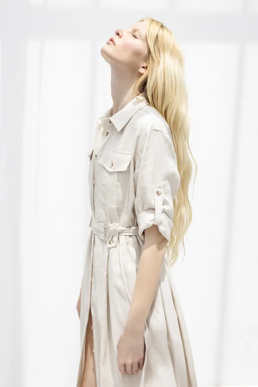 Bayan Taş % 100 Keten Midi Gömlek Elbise - BSL